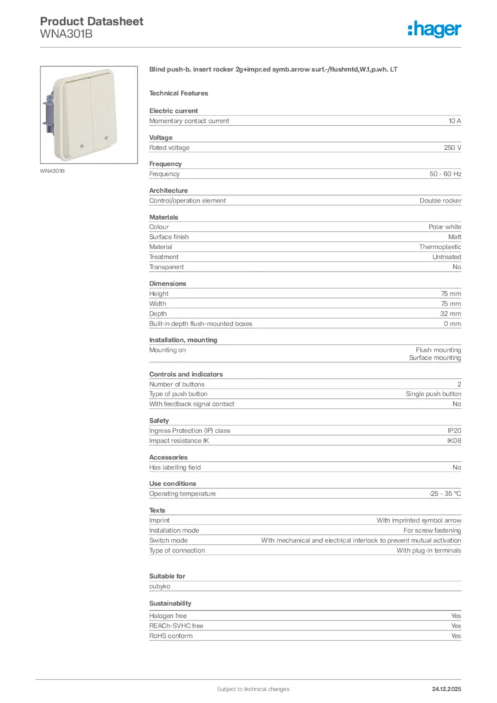Image Hager Product data sheet WNA301B  | Hager Africa