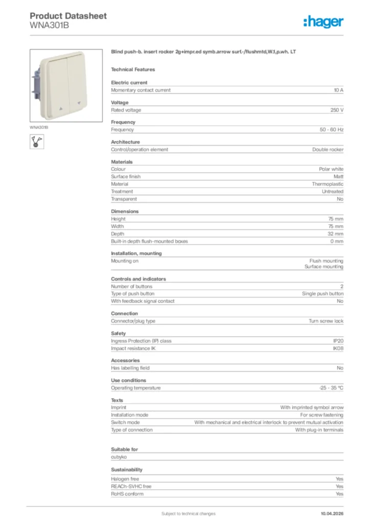 Image Hager Product data sheet WNA301B  | Hager Africa