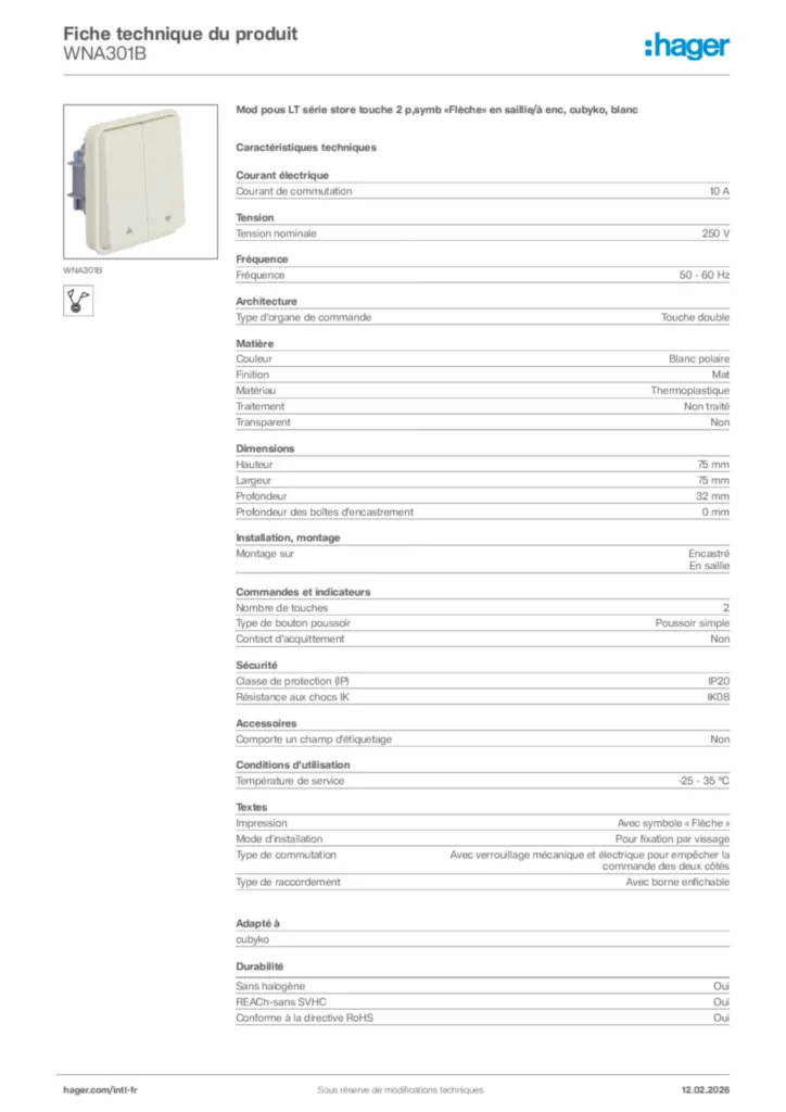 Image Hager Fiche technique du produit WNA301B | Hager Afrique