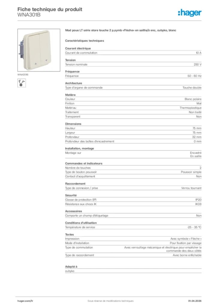 Image Hager Fiche technique du produit WNA301B | Hager France