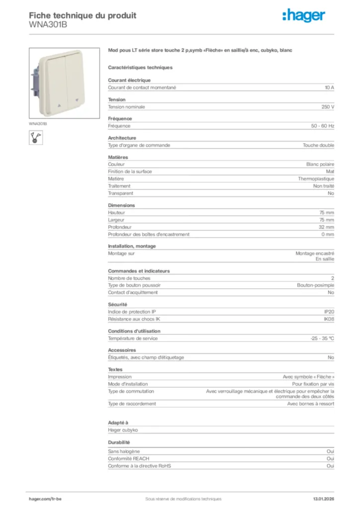 Image Hager Fiche technique du produit WNA301B | Hager Belgique