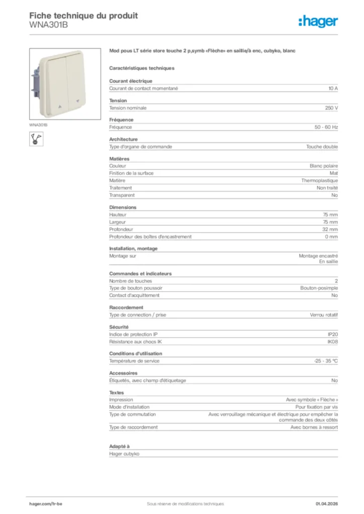 Image Hager Fiche technique du produit WNA301B | Hager Belgique