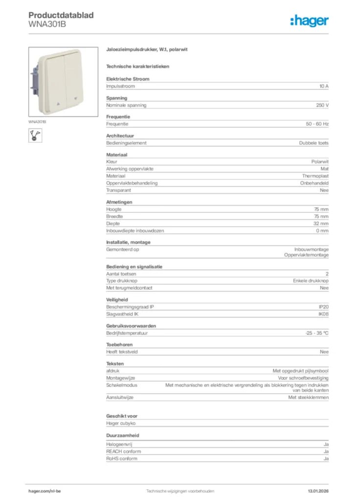 Afbeelding Hager Productdatablad WNA301B | Hager Belgium