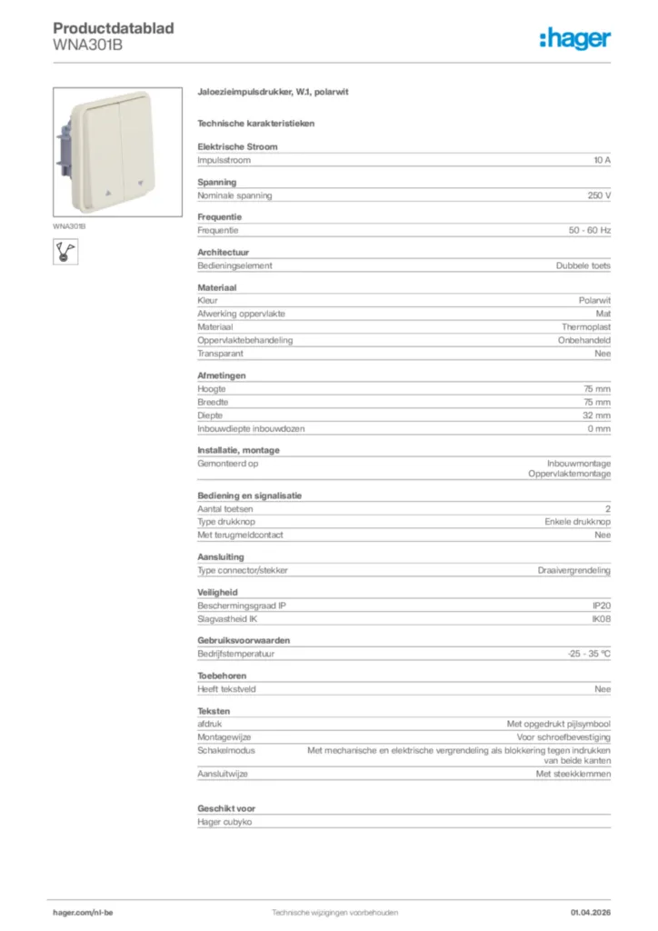 Afbeelding Hager Productdatablad WNA301B | Hager Belgium