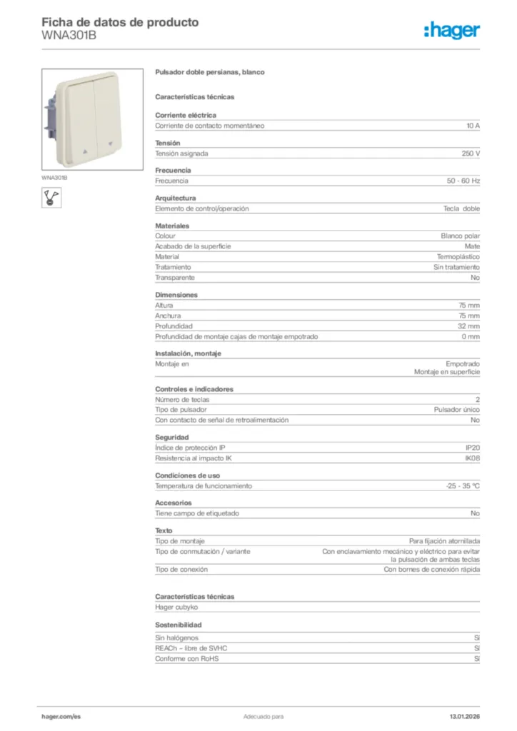 Imagen Hager Ficha de datos de producto WNA301B | Hager España