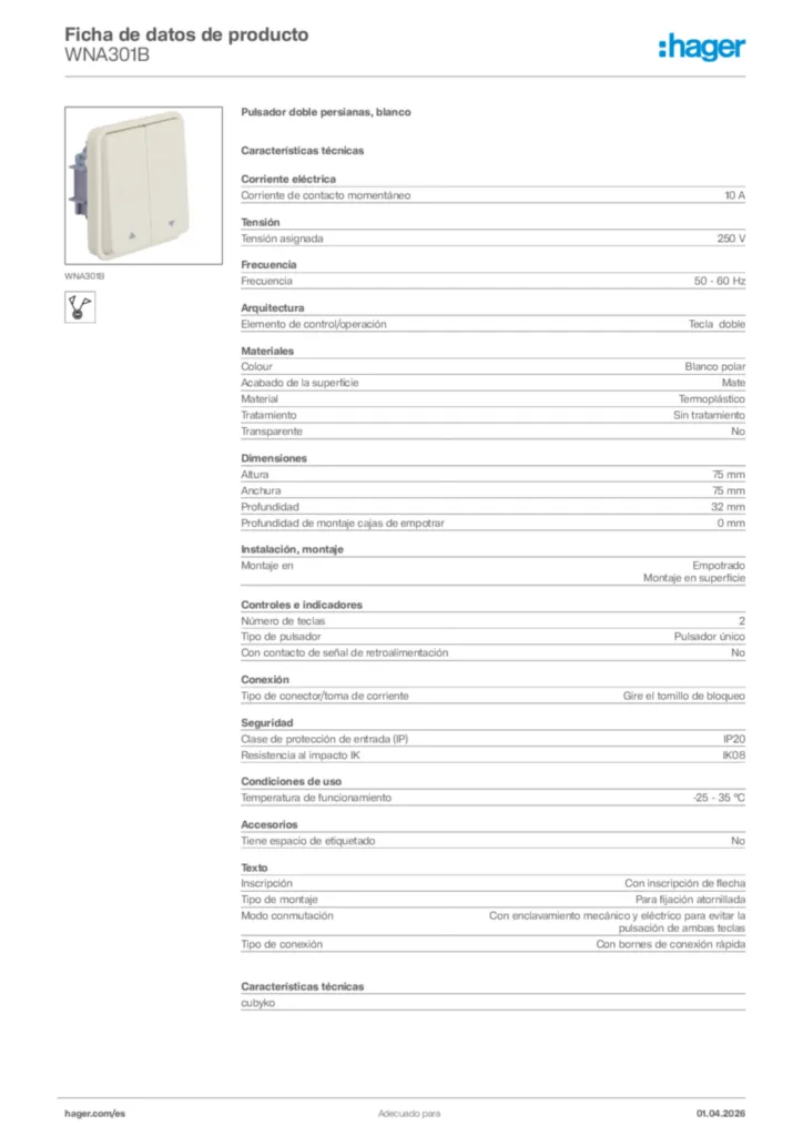 Imagen Hager Ficha de datos de producto WNA301B | Hager España