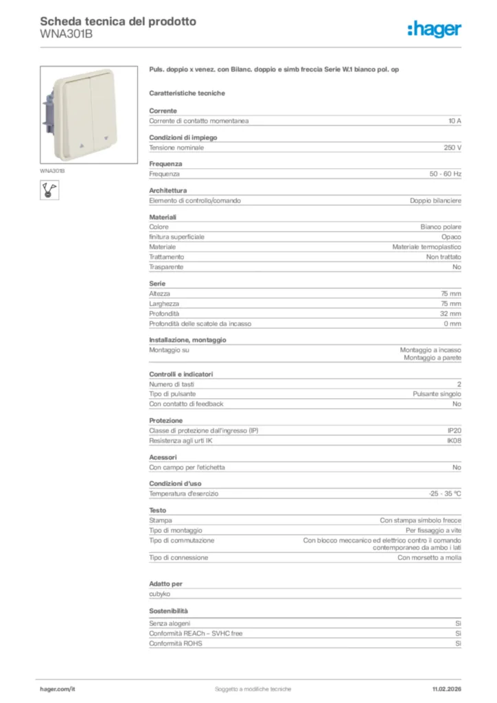 Immagine Hager Scheda tecnica del prodotto WNA301B | Hager Italia