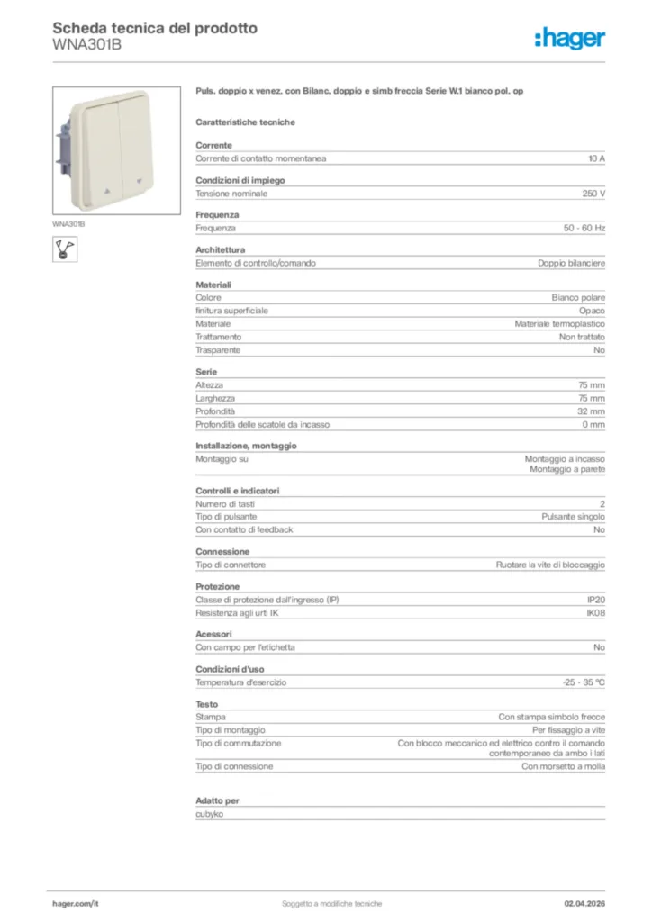 Immagine Hager Scheda tecnica del prodotto WNA301B | Hager Italia
