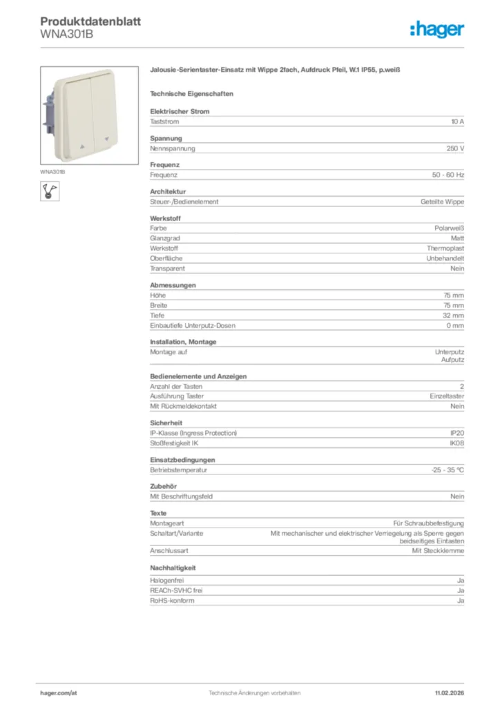 Bild Hager Produktdatenblatt WNA301B | Hager Deutschland