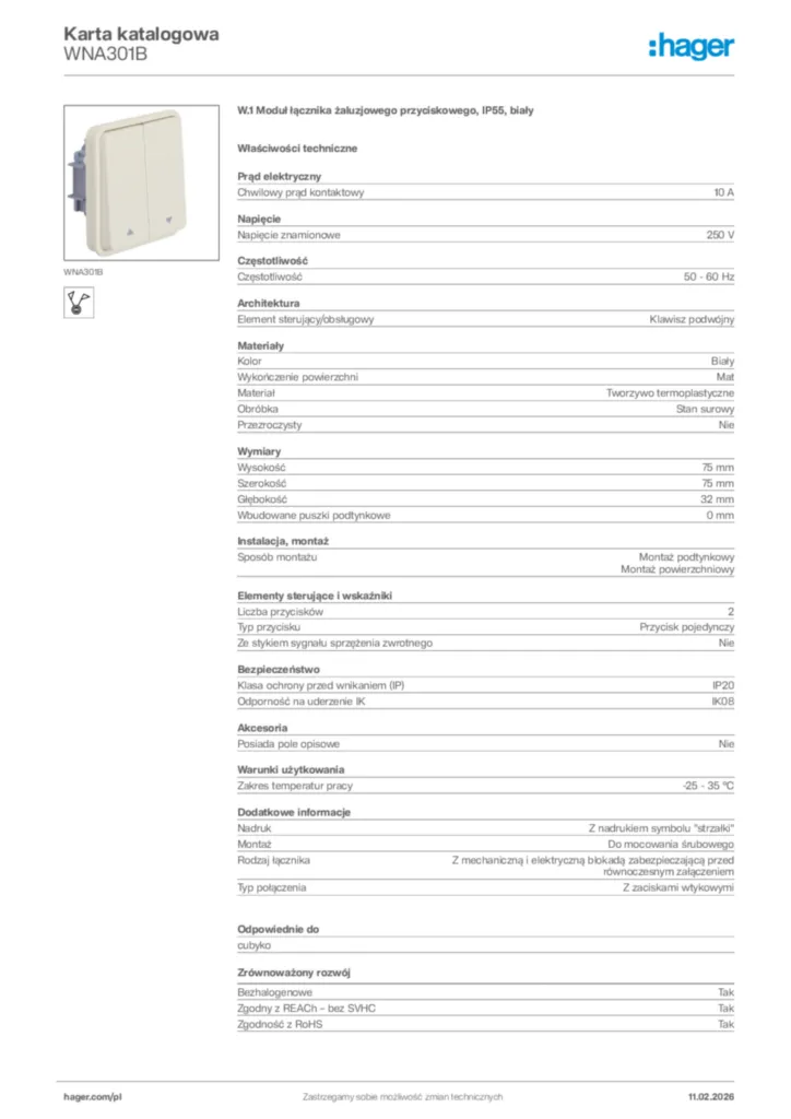Zdjęcie Hager Karta katalogowa WNA301B | Hager Polska