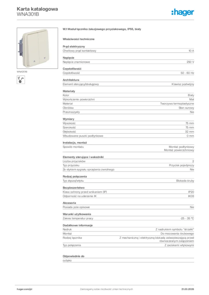 Zdjęcie Hager Karta katalogowa WNA301B | Hager Polska
