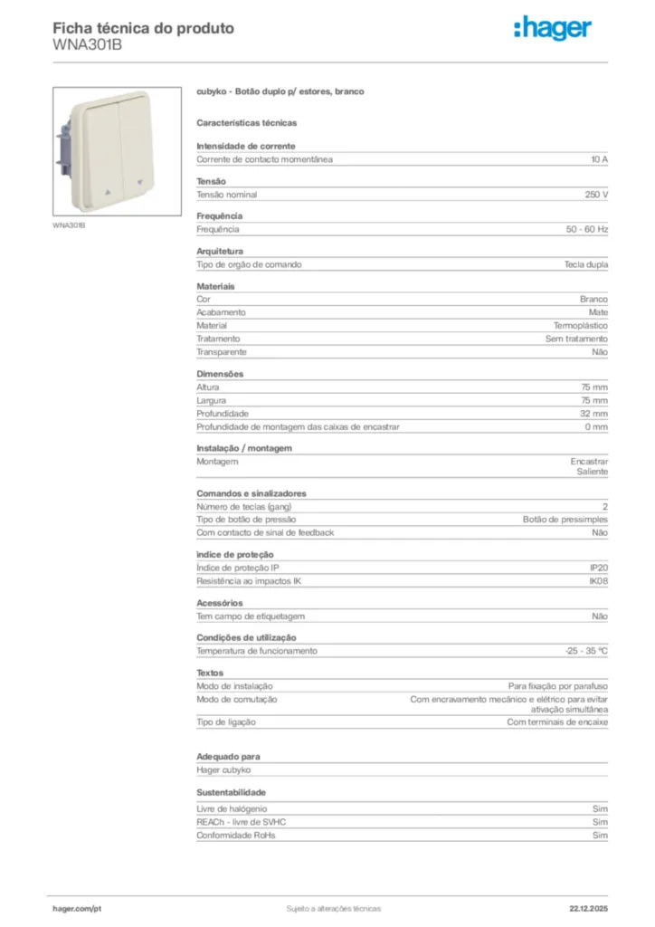Imagem Hager Ficha técnica do produto WNA301B | Hager Portugal