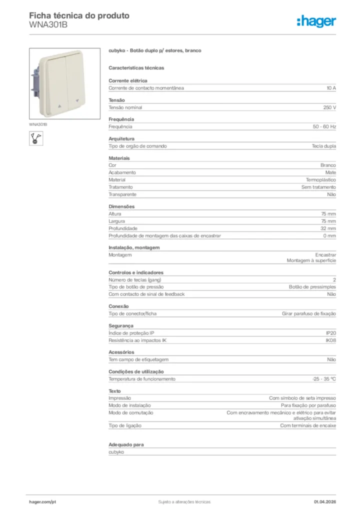 Imagem Hager Ficha técnica do produto WNA301B | Hager Portugal