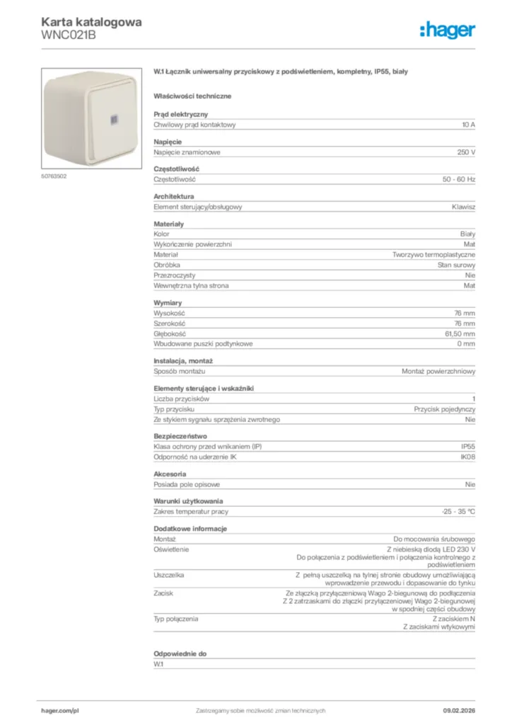 Zdjęcie Hager Karta katalogowa WNC021B | Hager Polska