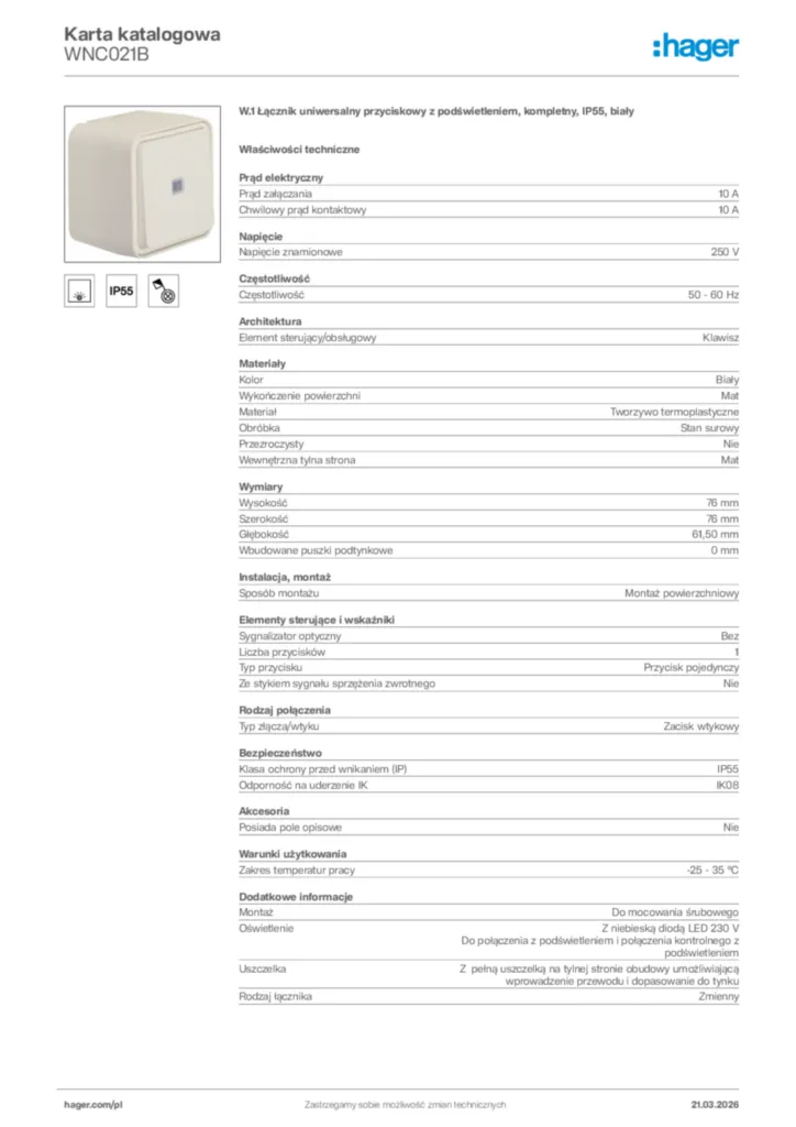 Zdjęcie Hager Karta katalogowa WNC021B | Hager Polska