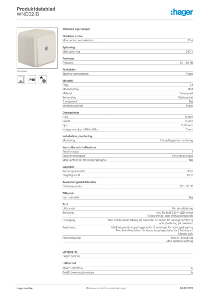 Bild Hager Produktdatablad WNC021B | Hager Sverige
