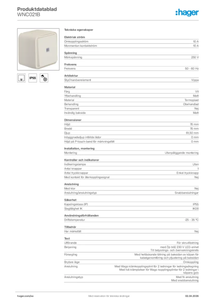 Bild Hager Produktdatablad WNC021B | Hager Sverige