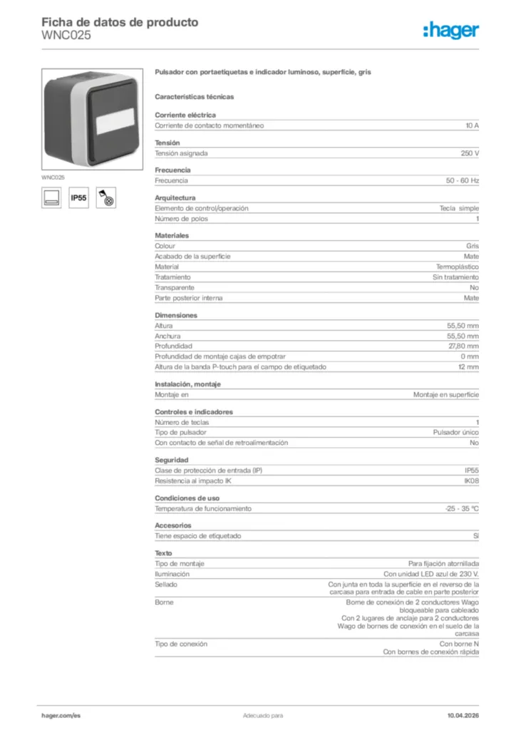 Imagen Hager Ficha de datos de producto WNC025 | Hager España