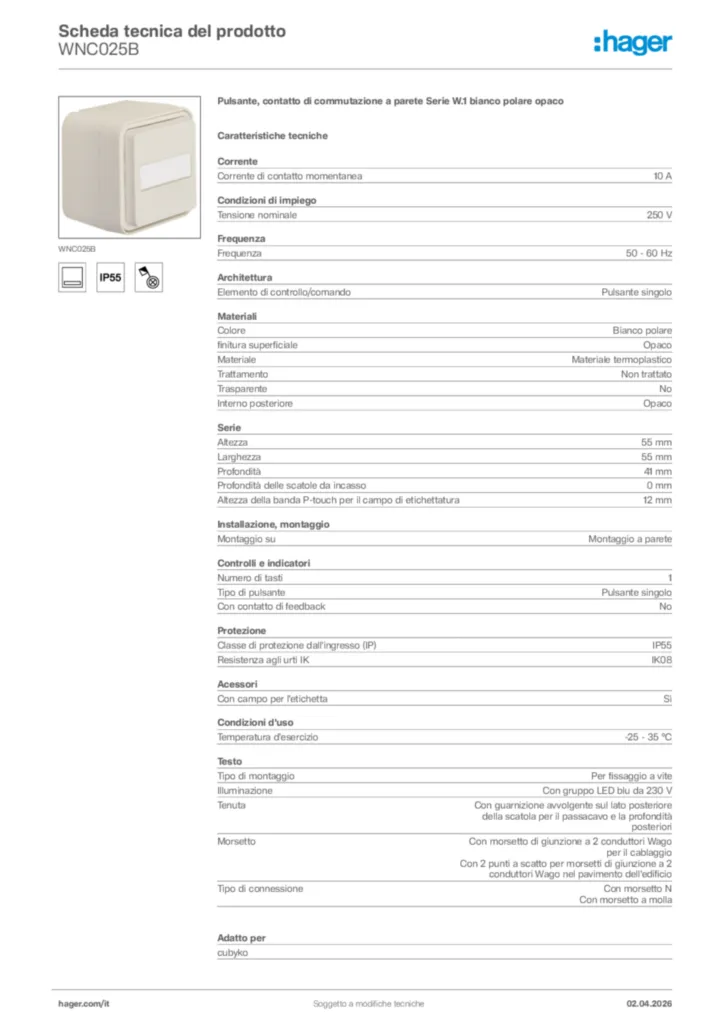 Immagine Hager Scheda tecnica del prodotto WNC025B | Hager Italia