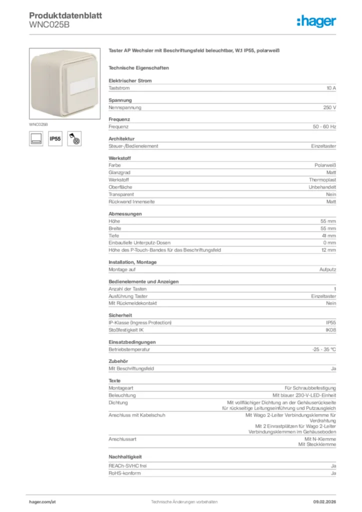 Bild Hager Produktdatenblatt WNC025B | Hager Deutschland