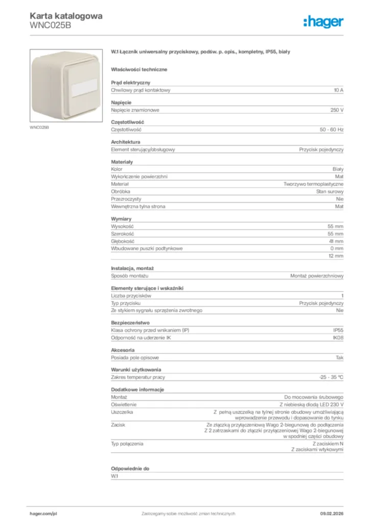 Zdjęcie Hager Karta katalogowa WNC025B | Hager Polska