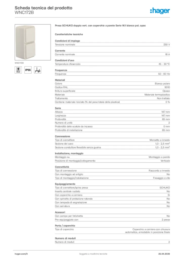 Immagine Hager Scheda tecnica del prodotto WNC172B | Hager Italia