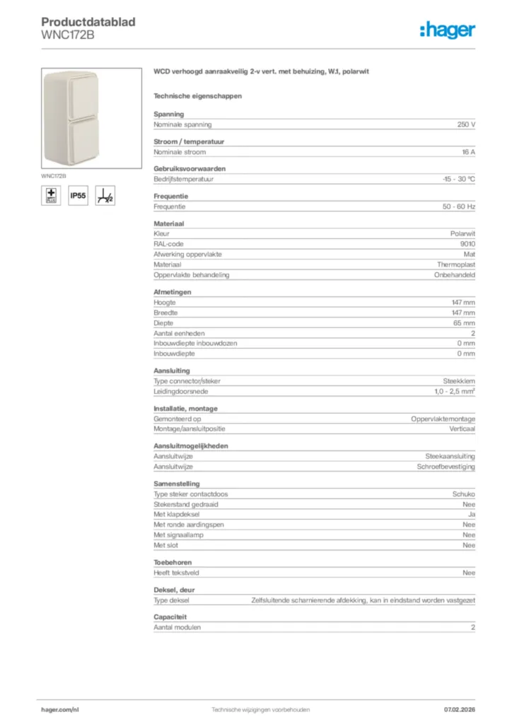 Afbeelding Hager Productdatablad WNC172B | Hager Nederland