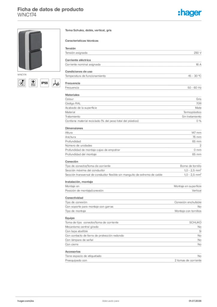 Imagen Hager Ficha de datos de producto WNC174 | Hager España