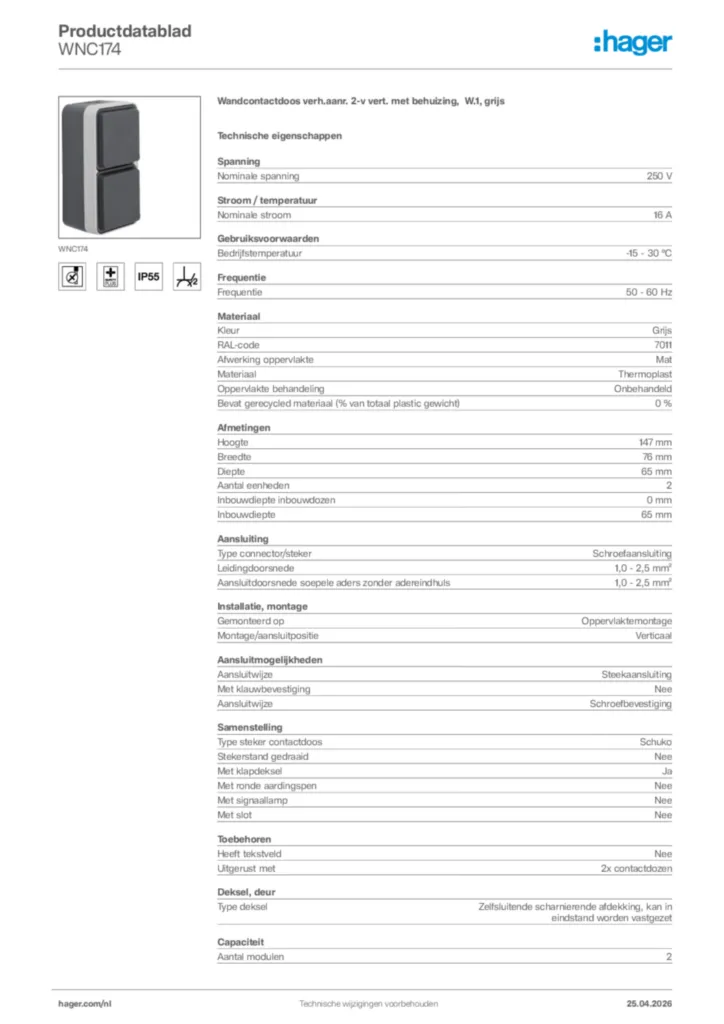Afbeelding Hager Productdatablad WNC174 | Hager Nederland