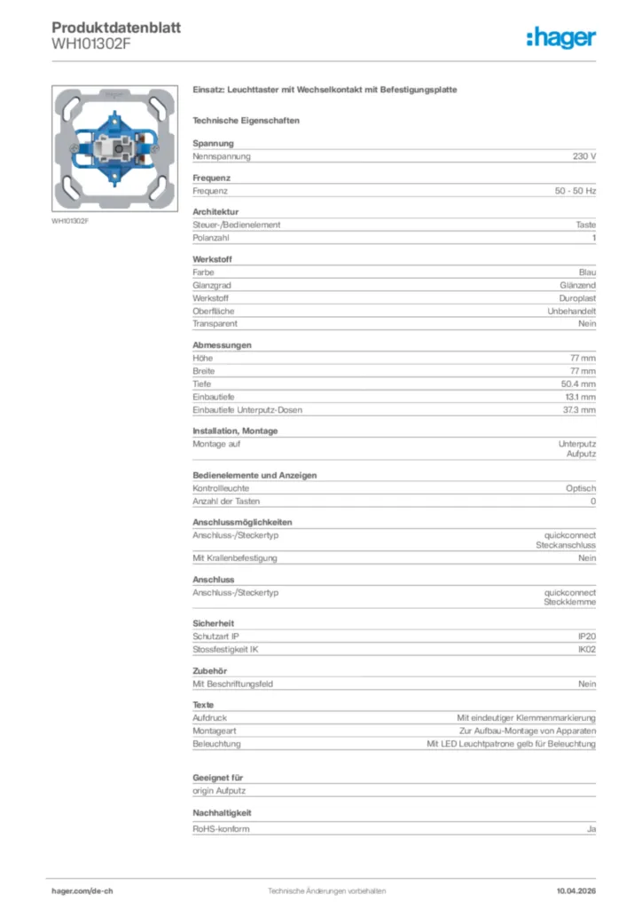 Bild Hager Produktdatenblatt WH101302F | Hager Schweiz