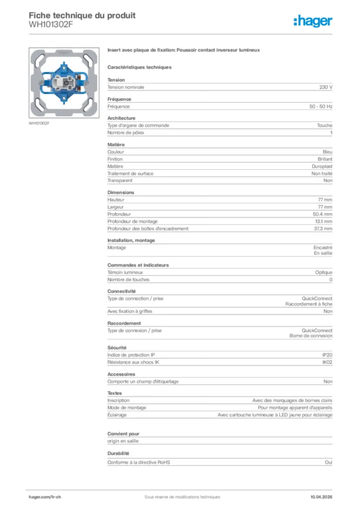 Image Hager Fiche technique du produit WH101302F | Hager Suisse