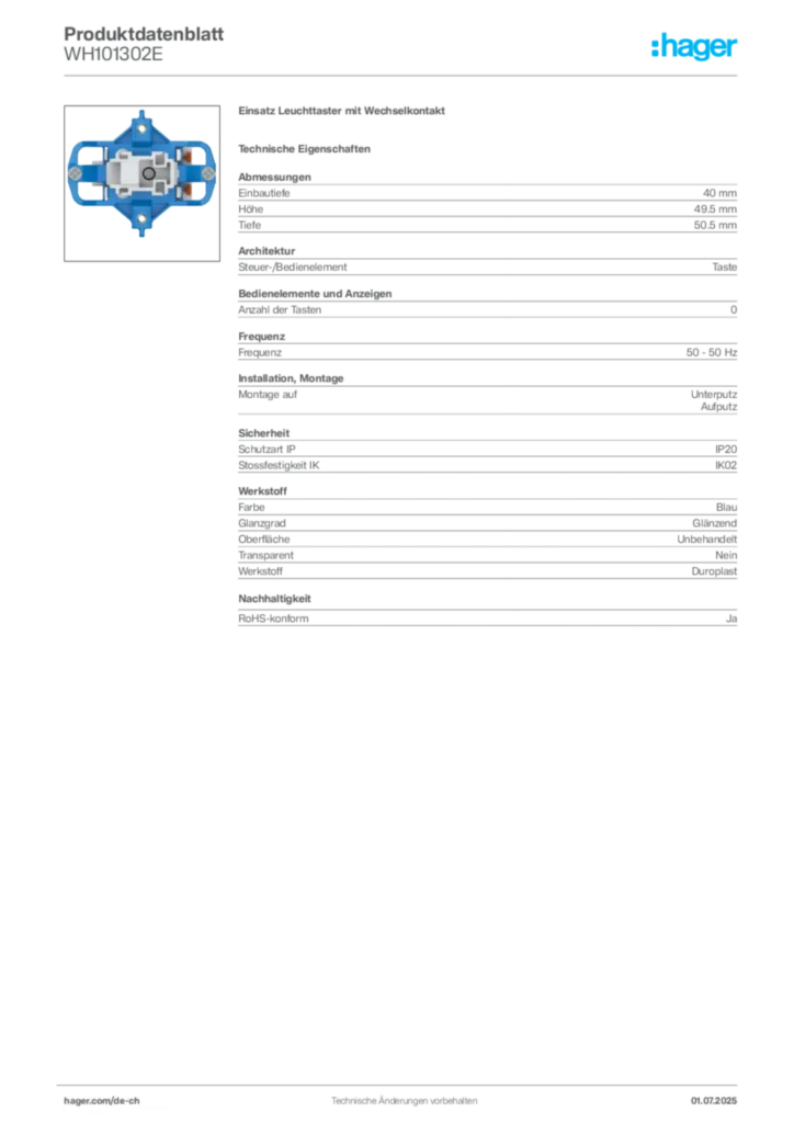 Bild Hager Produktdatenblatt WH101302E | Hager Schweiz