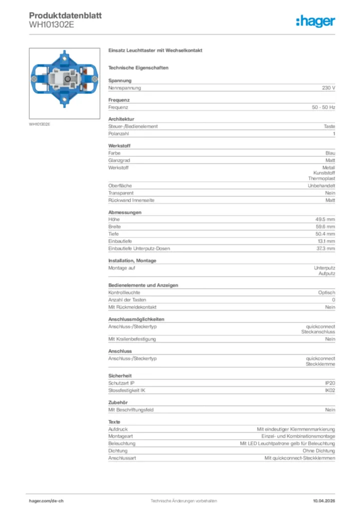 Bild Hager Produktdatenblatt WH101302E | Hager Schweiz