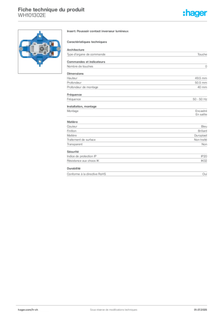Image Hager Fiche technique du produit WH101302E | Hager Suisse