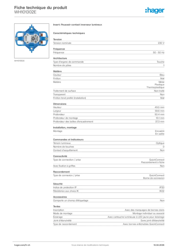 Image Hager Fiche technique du produit WH101302E | Hager Suisse