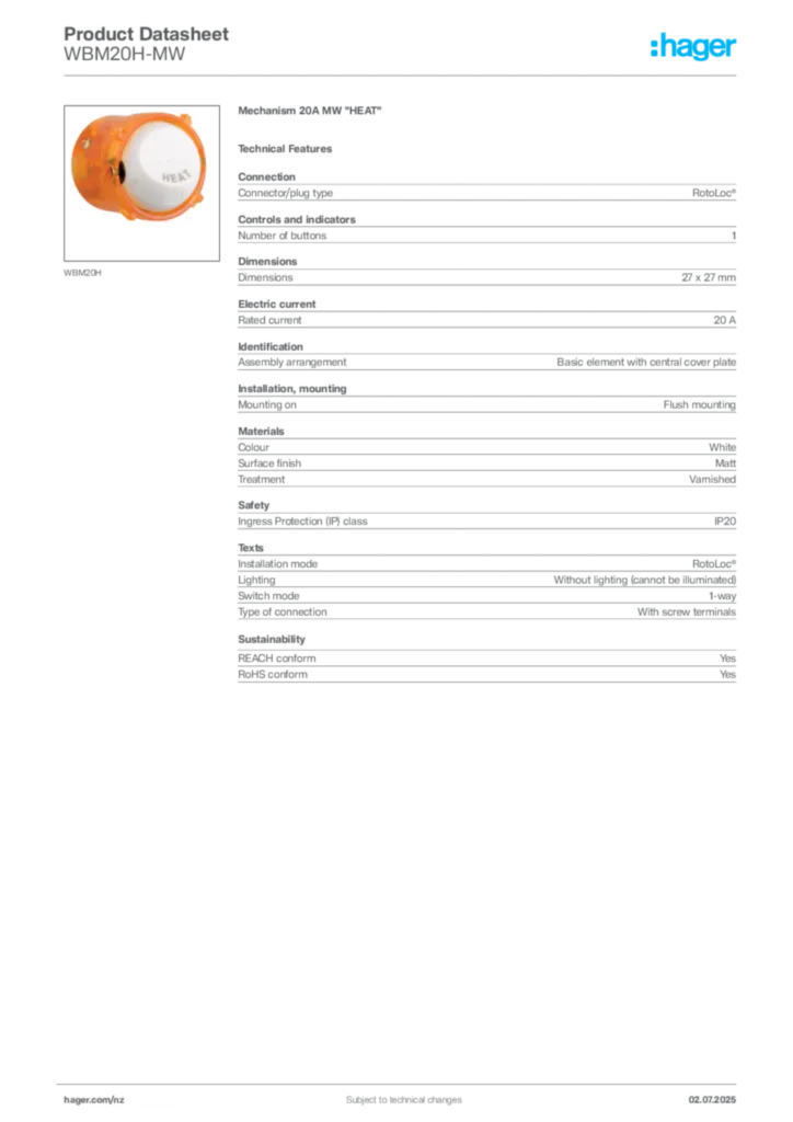 Image Hager Product data sheet WBM20H-MW  | Hager New Zealand