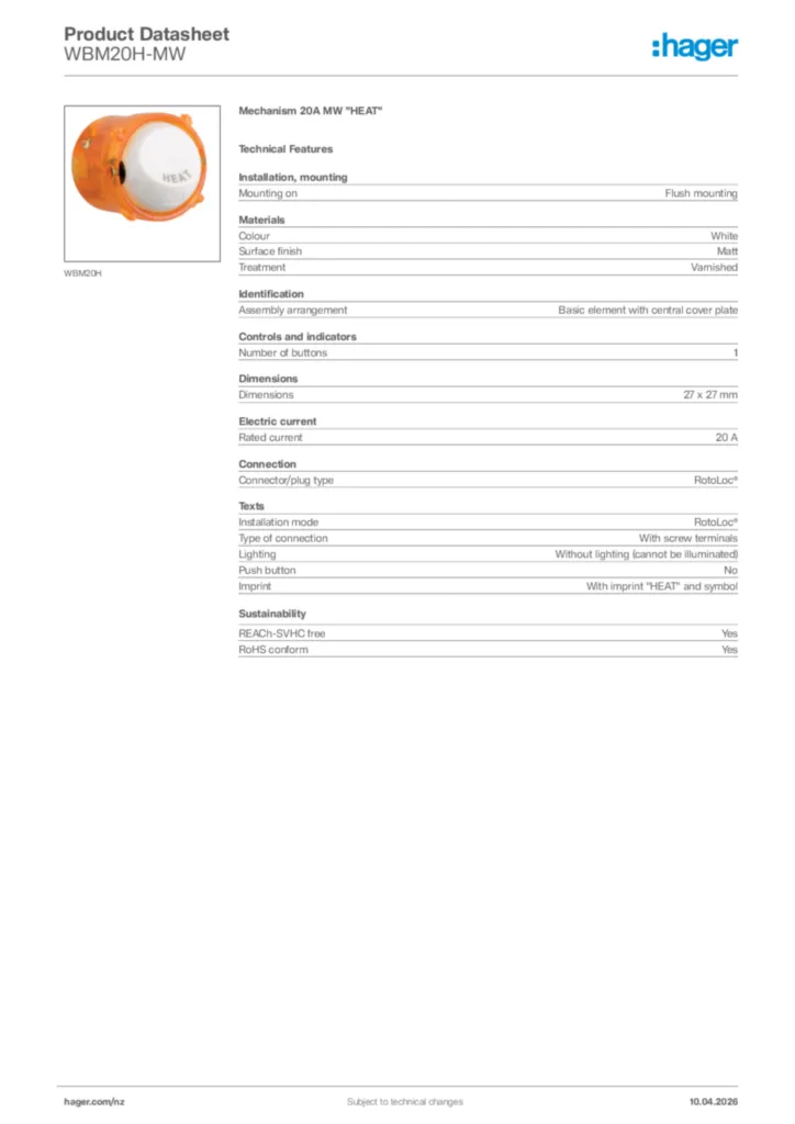 Image Hager Product data sheet WBM20H-MW  | Hager New Zealand