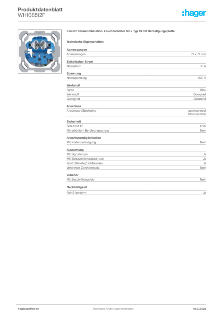 Bild Hager Produktdatenblatt WH108512F | Hager Schweiz