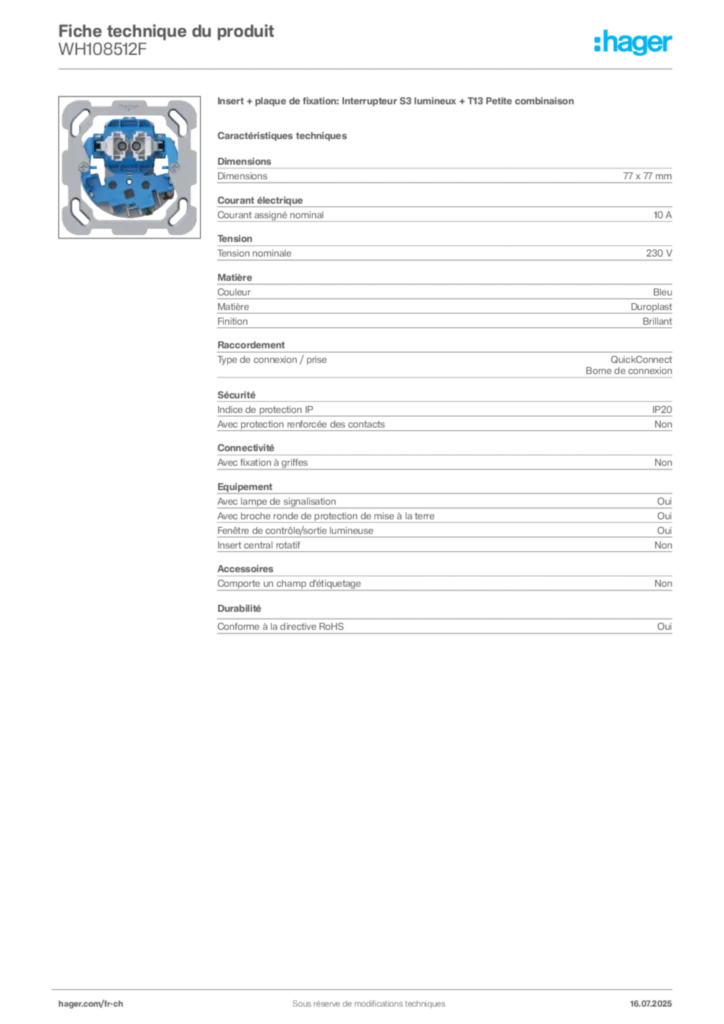 Image Hager Fiche technique du produit WH108512F | Hager Suisse