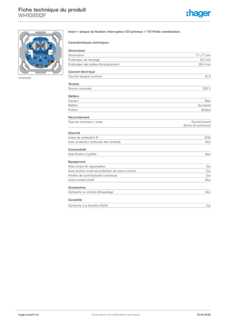 Image Hager Fiche technique du produit WH108512F | Hager Suisse