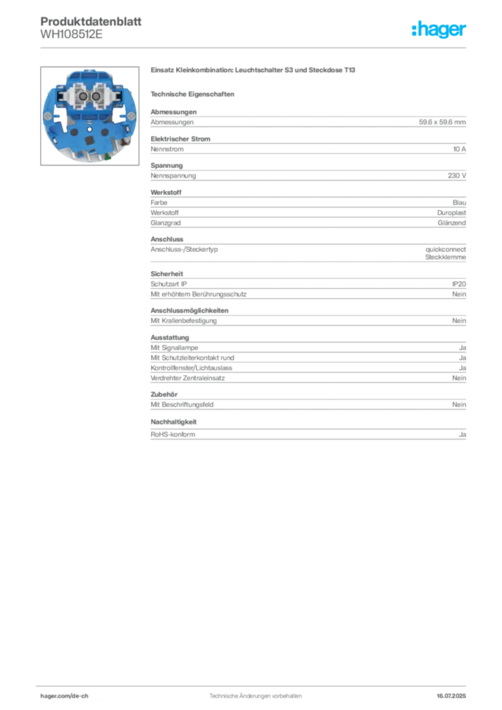 Bild Hager Produktdatenblatt WH108512E | Hager Schweiz