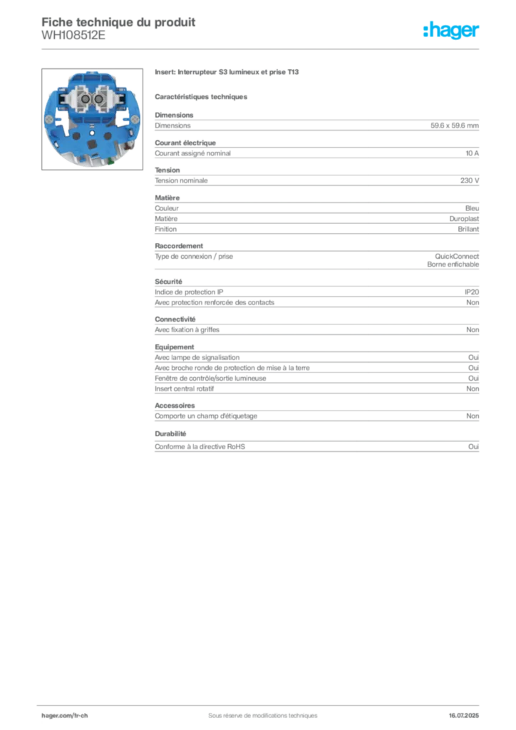 Image Hager Fiche technique du produit WH108512E | Hager Suisse