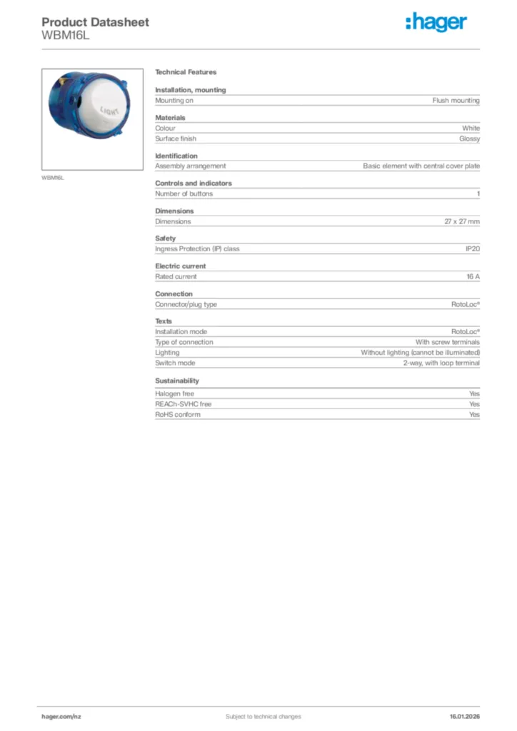Image Hager Product data sheet WBM16L  | Hager New Zealand