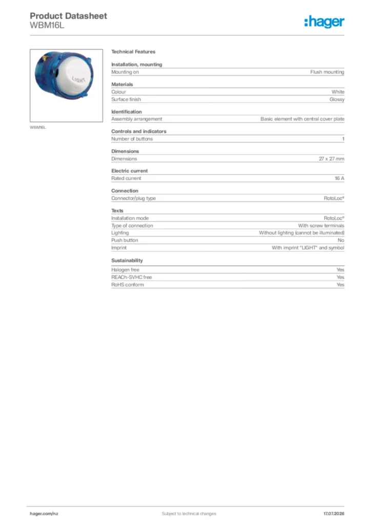 Image Hager Product data sheet WBM16L  | Hager New Zealand