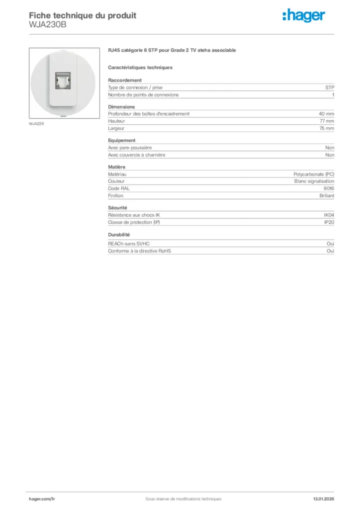 Image Hager Fiche technique du produit WJA230B | Hager France