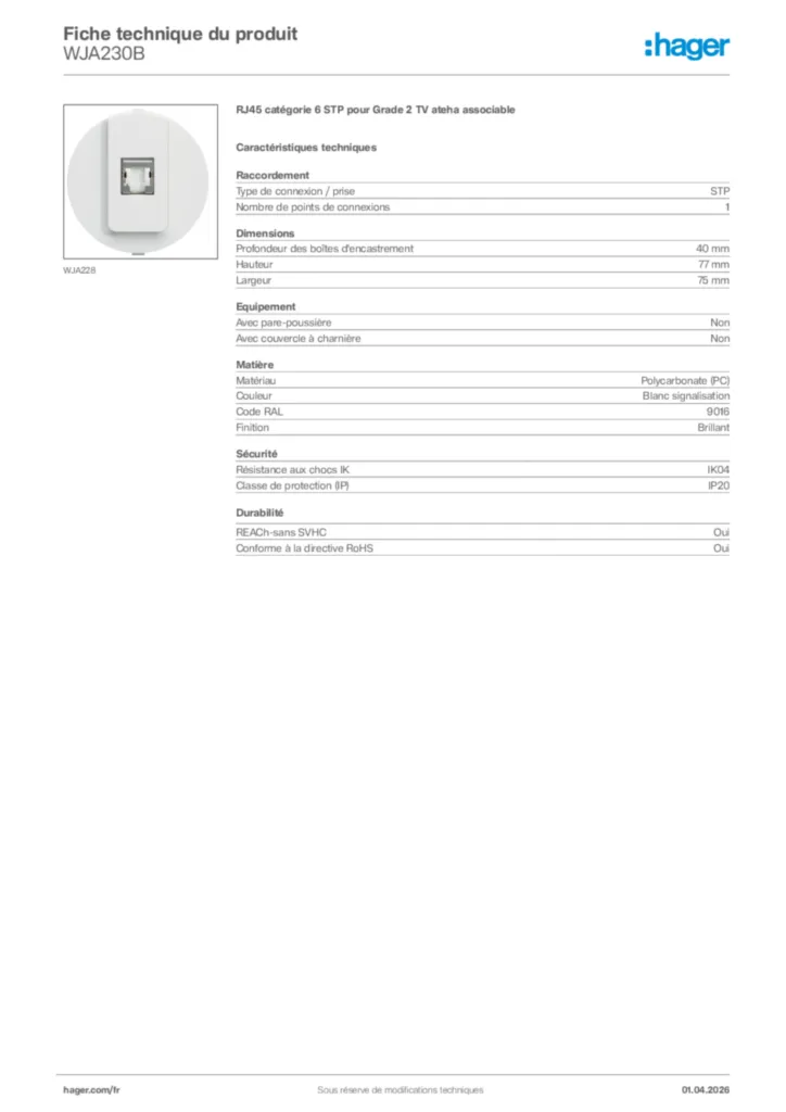 Image Hager Fiche technique du produit WJA230B | Hager France