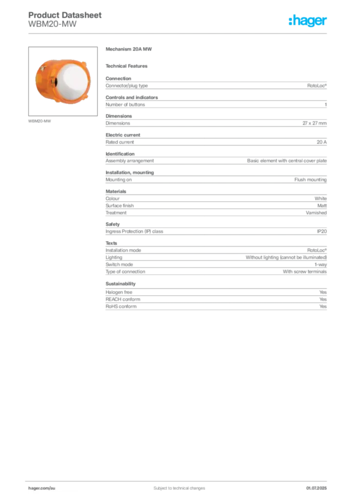 Image Hager Product data sheet WBM20-MW  | Hager Australia