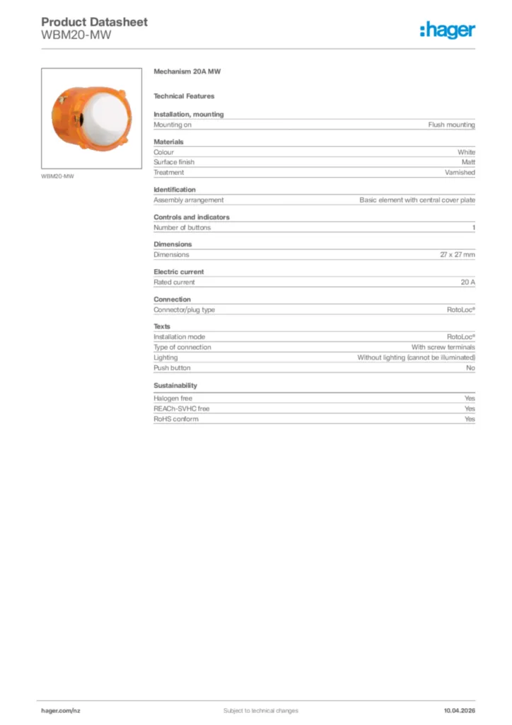 Image Hager Product data sheet WBM20-MW  | Hager New Zealand