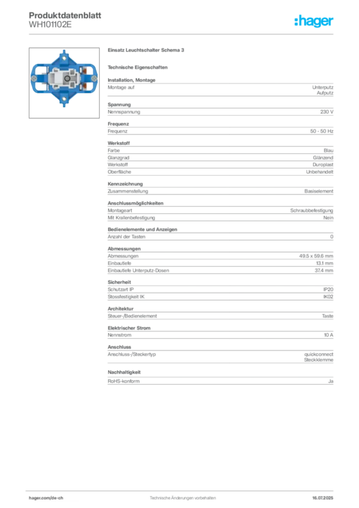 Bild Hager Produktdatenblatt WH101102E | Hager Schweiz