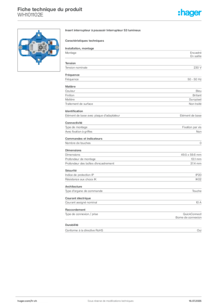 Image Hager Fiche technique du produit WH101102E | Hager Suisse